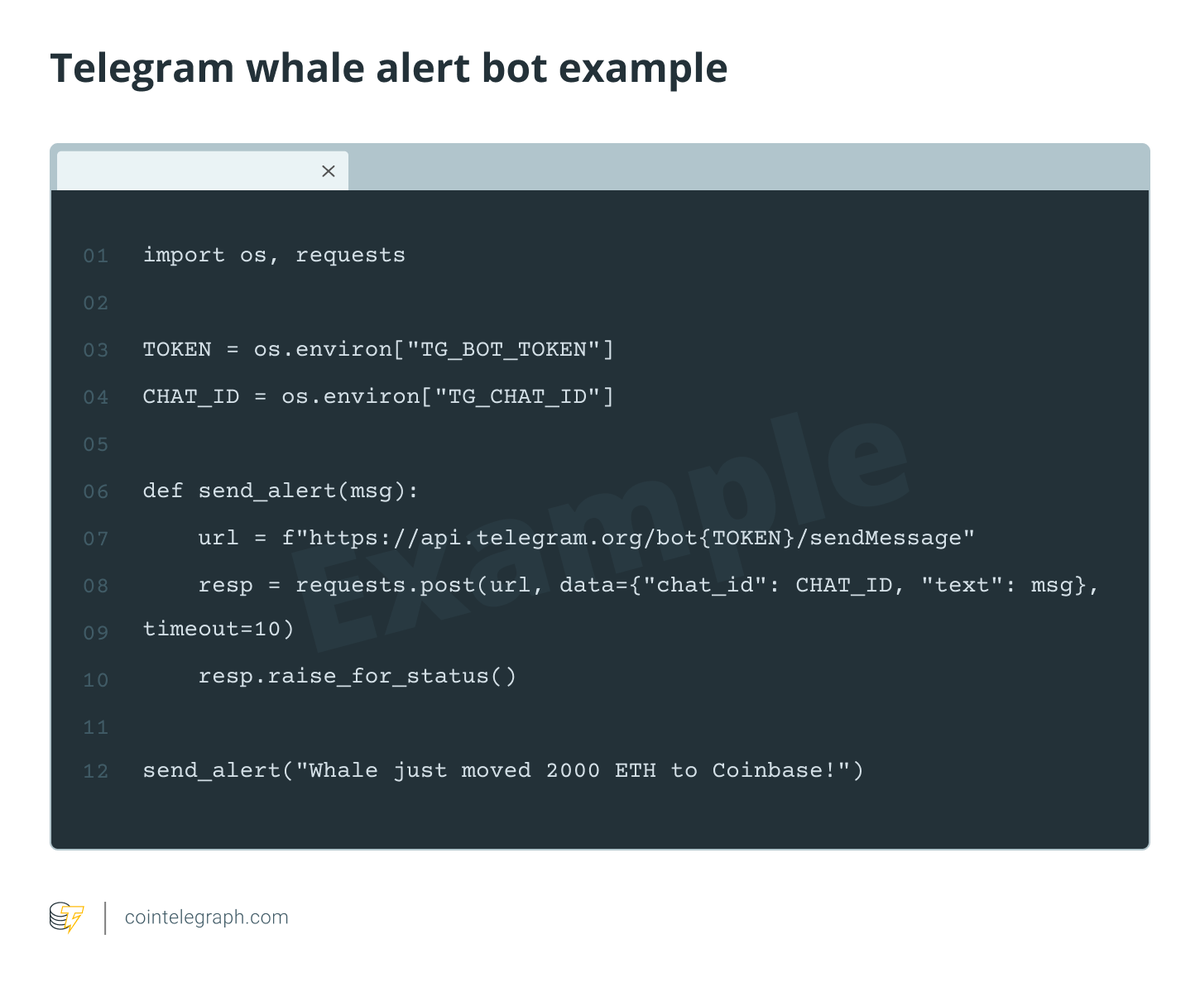 Ví dụ về đoạn mã Python tạo bot Telegram để gửi cảnh báo “whale alert” — thông báo khi có giao dịch lớn (ví dụ- 2.000 ETH) được chuyển lên sàn như Coinbase. Source- Cointelegraph.webp