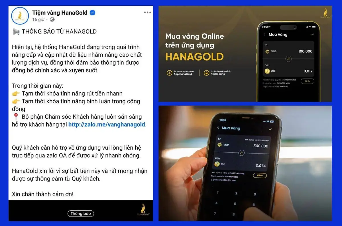 Hiệu ứng lan rộng: Ứng dụng đầu tư vàng HanaGold cũng tạm gián đoạn giao dịch